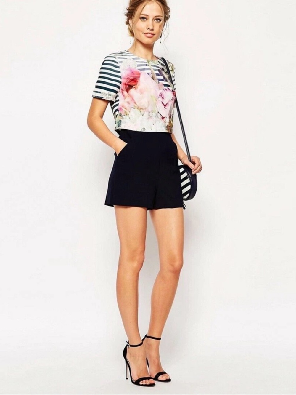 Ted Baker Intia Feminine Peony Floral Playsuit Striped Overlay US 2 Resort Wear